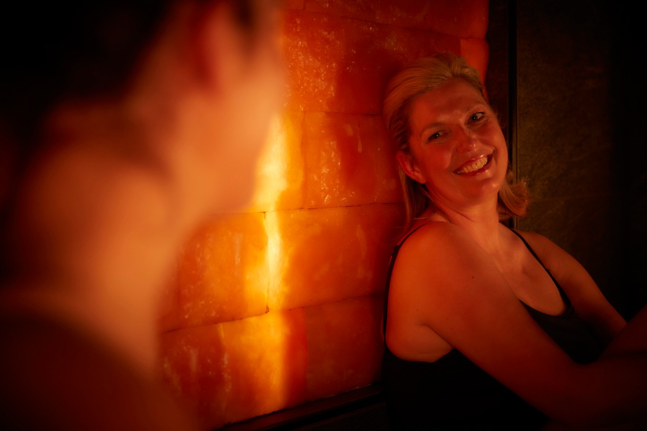 Mum and daughter in the salt steam